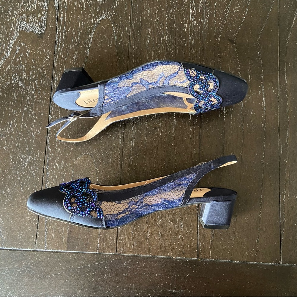 J. Renee Navy Blue Satin Slingback Block Heel Rhinestone Dress Shoes 7.5 Wedding